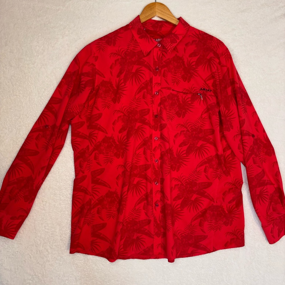 Ariat Western Bright Red long-Sleeve vented SPF Performance Shirt Size XXL